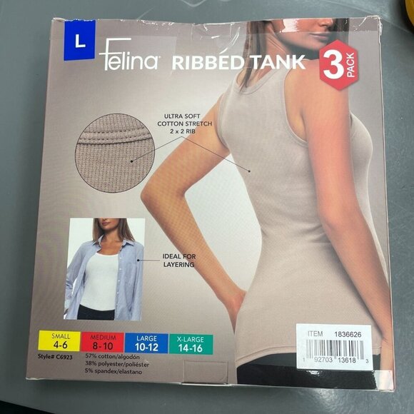 NEW Felina Women's L Ribbed Tank 3-Pack Cotton/Polyester Blend White/Tan/Black - Picture 3 of 5